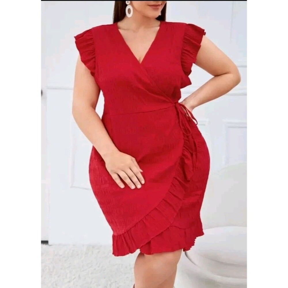 Shein Wrap Dress Womens L (8-10)  Red  V-neck Sleeveless Ruffle Hem Dress